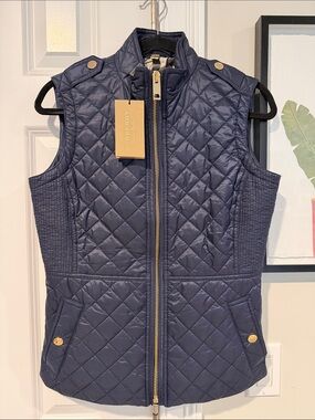Authentic Burberry Quilted Navy Sleeveless Vest with Gold Hardware NWT Size S